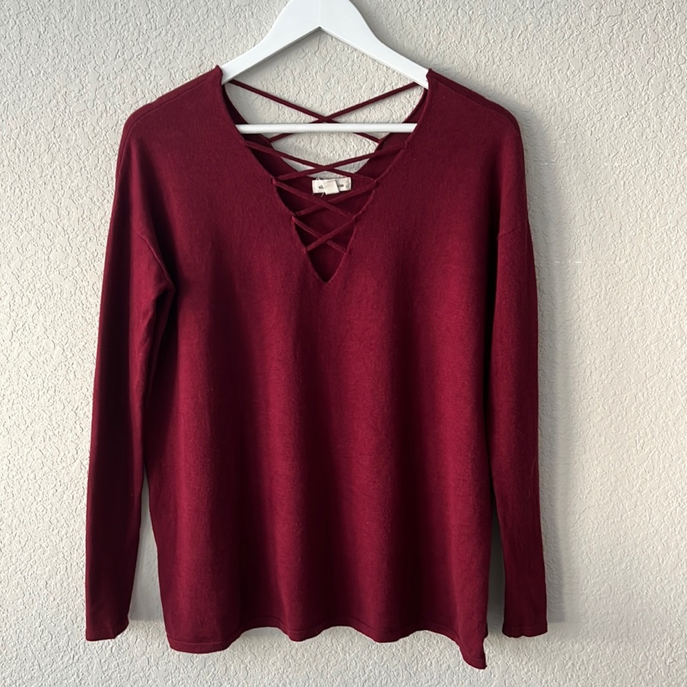 silence + noise Burgundy Lace-Up V-Neck Sweater